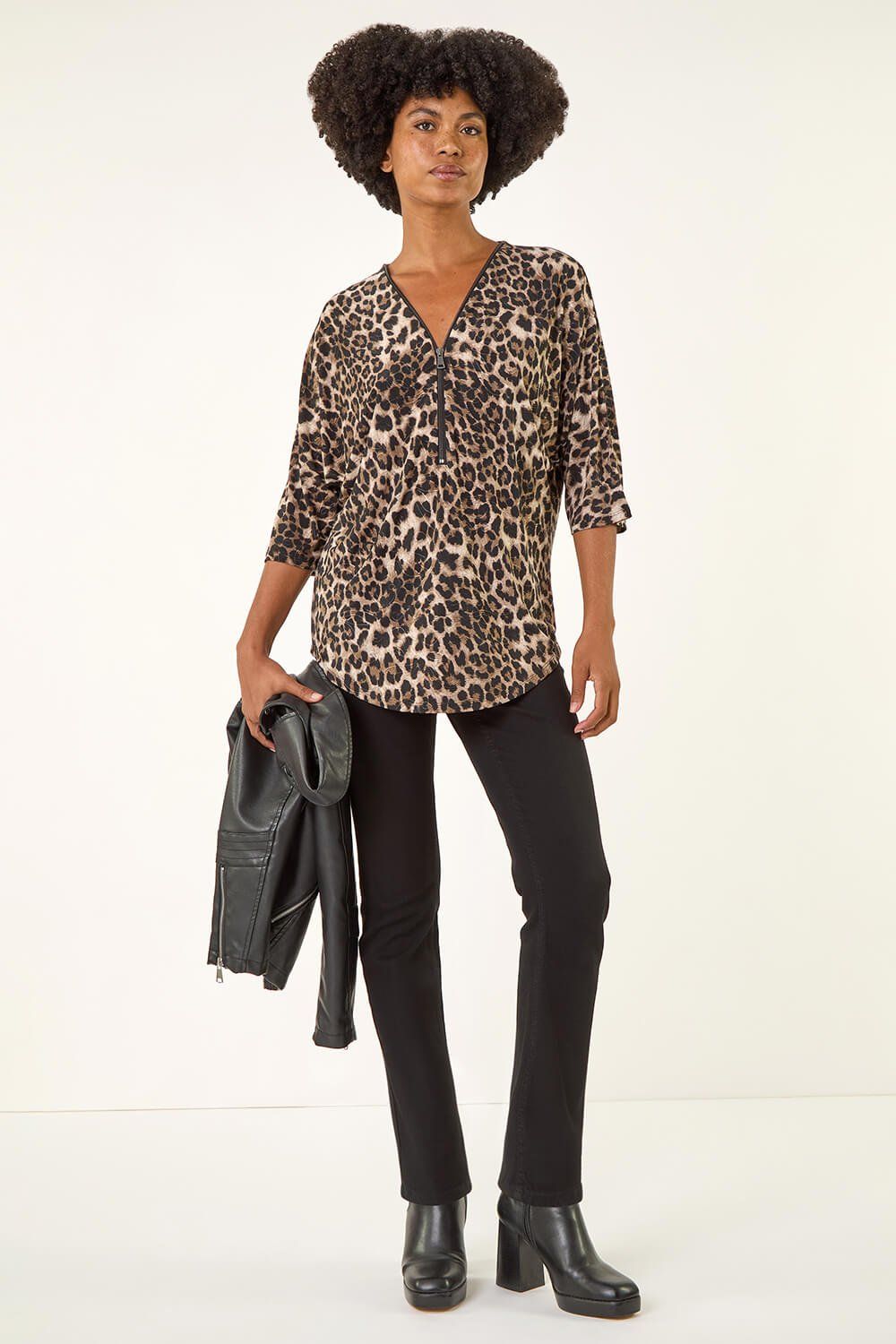 Roman Animal Print Zip Front Stretch Top