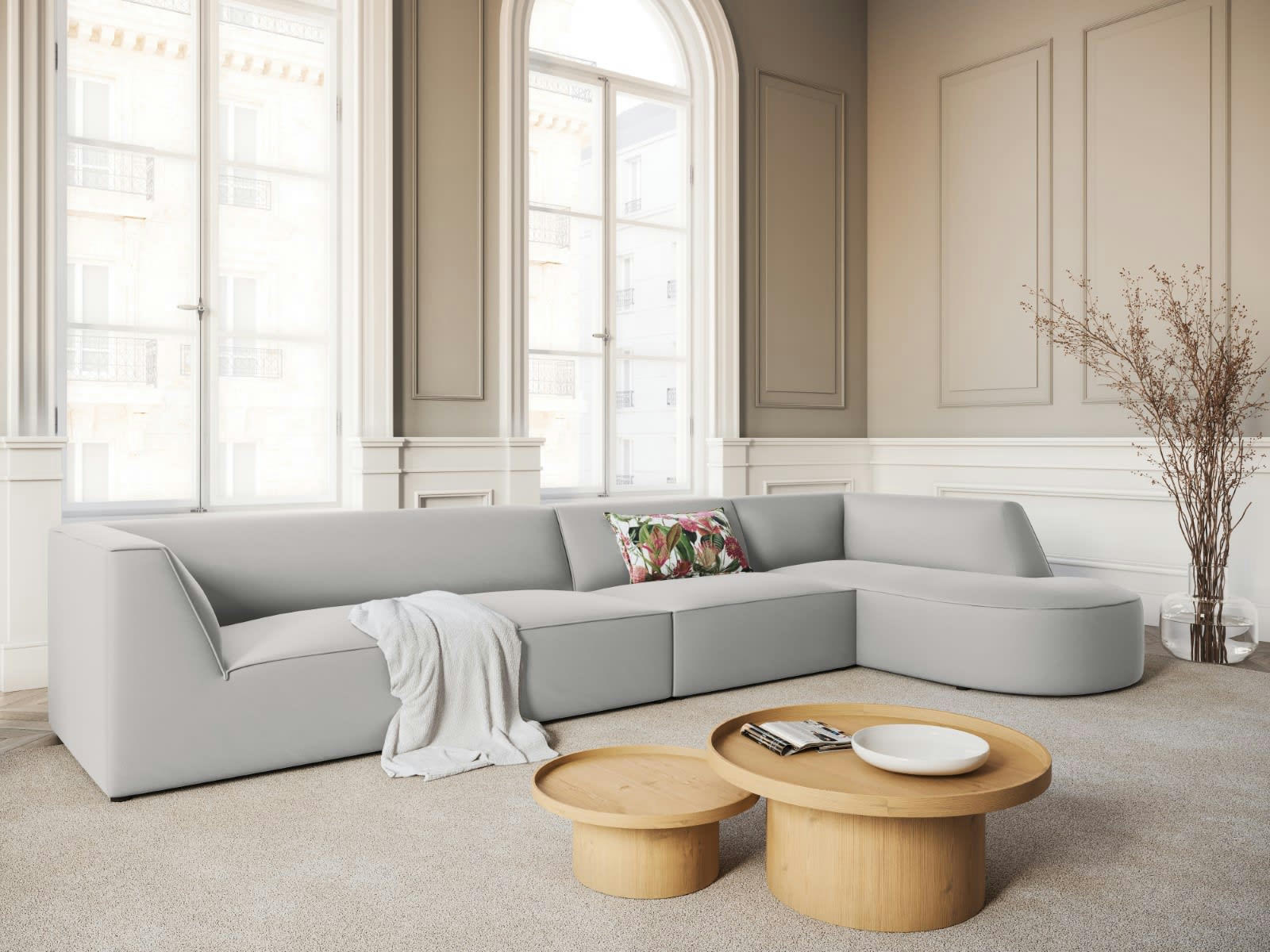 CHARLES - Canapé D'Angle Droit 5 places en Velours Gris Clair