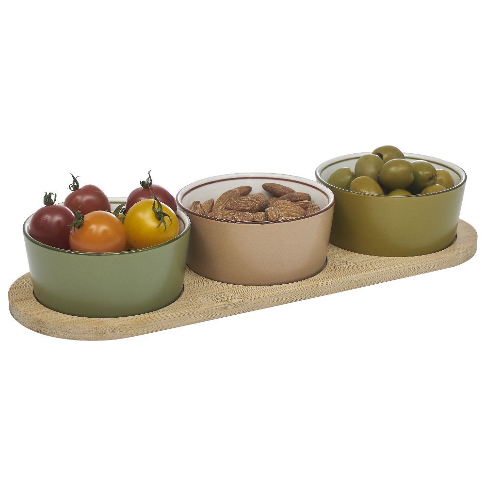 Set apéritif coupelle porcelaine x3 et support bambou