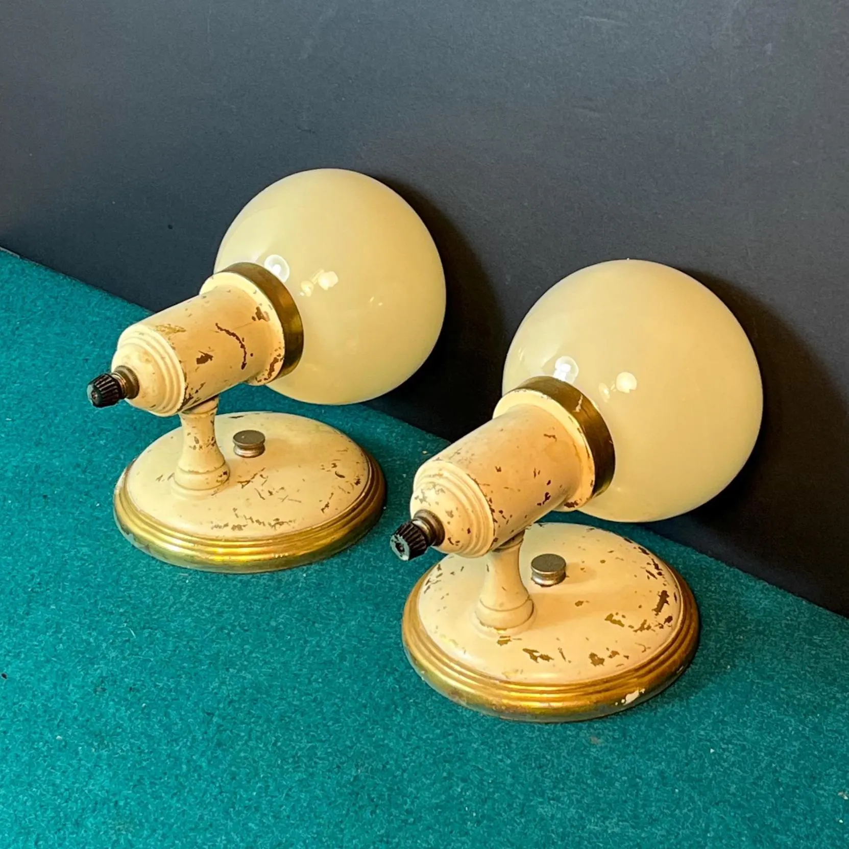 Pair (2) 1930's Art Deco Brass Electric Wall Sconces W/ Round Glass Shades