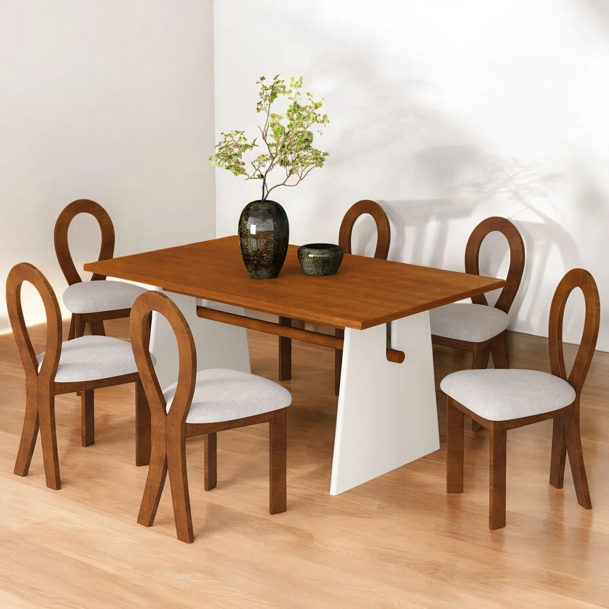 7-Piece Dining Table Set with Trestle Table and 6 Upholstered Chairs, Rubber Wood Kitchen Set for Dining Room and Kitchen