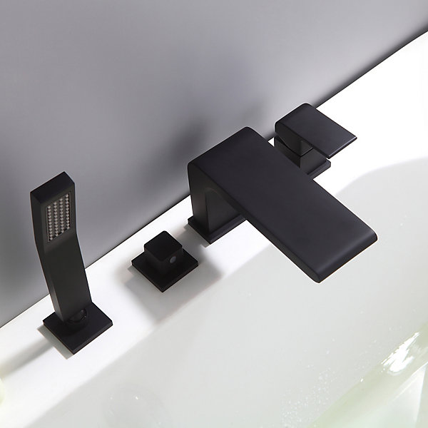 Ensemble Robinet mélangeur Noir Baignoire 4 trous en Cascade, Ensemble Pommeau Douchette Bain - 6080B