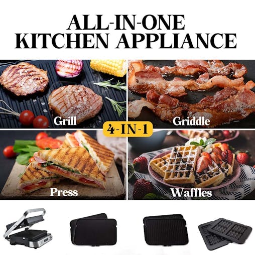 NNEMB 4-in-1 Smart Multi Contact Grill and Sandwich Panini Press-with Waffle Maker Plates