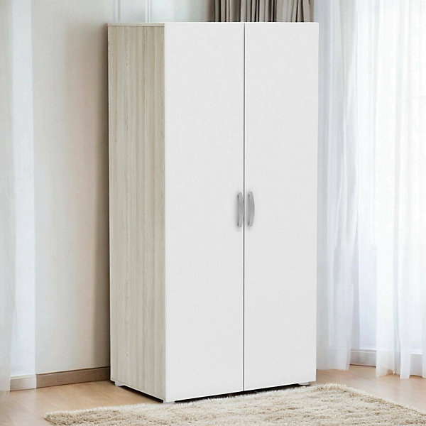 Garde-robe 2 portes Ockhi, Meubles de chambre, Penderie de plain-pied, Placard à vêtements, 79x52 h166 cm, Chêne et Blanc mat