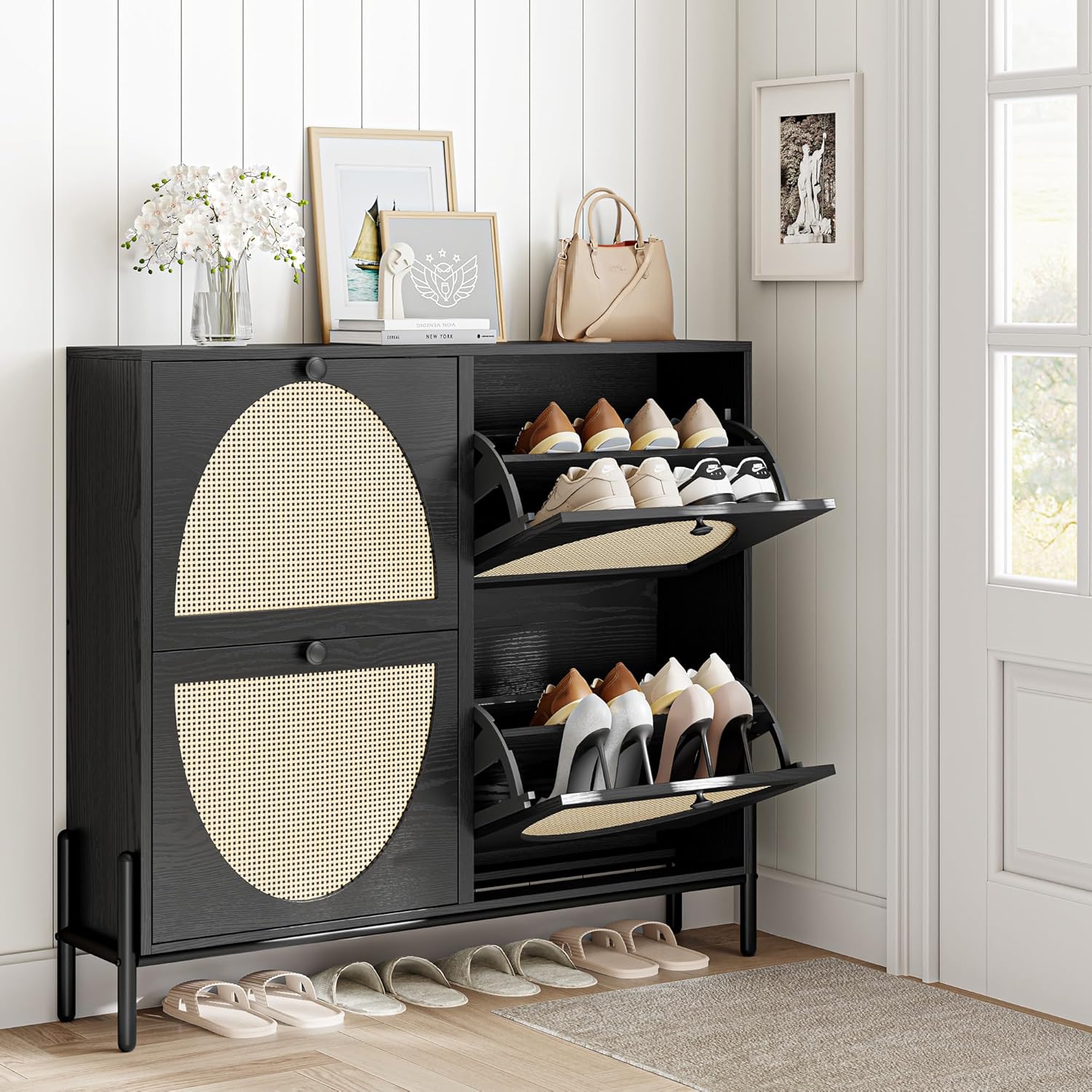 IRONCK Rattan Shoe Cabinet Storage with 4 Flip Drawers, Freestanding Shoe Storage Organizer Cabinet for Entryway, Narrow Shoe Rack Cabinet, Matte Black