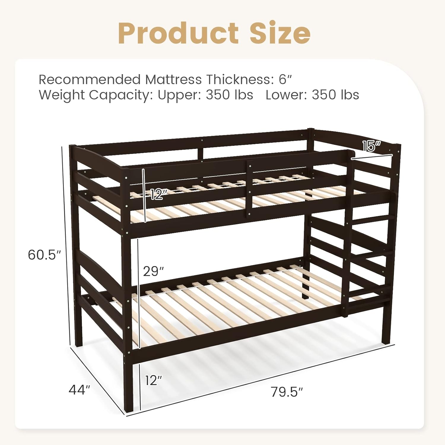 KOMFOTT Bunk Bed Twin Over Twin, Bunk Bed Frame w/Full-Length Guardrail & Integrated Ladder, Wood Bunk Bed for Small Space, Converts to 2 Individual Beds for Kids & Adults, No Box Spring Needed