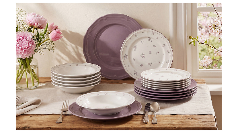 Komplet obiadowy porcelanowy Carina 18 el. biało-fioletowy