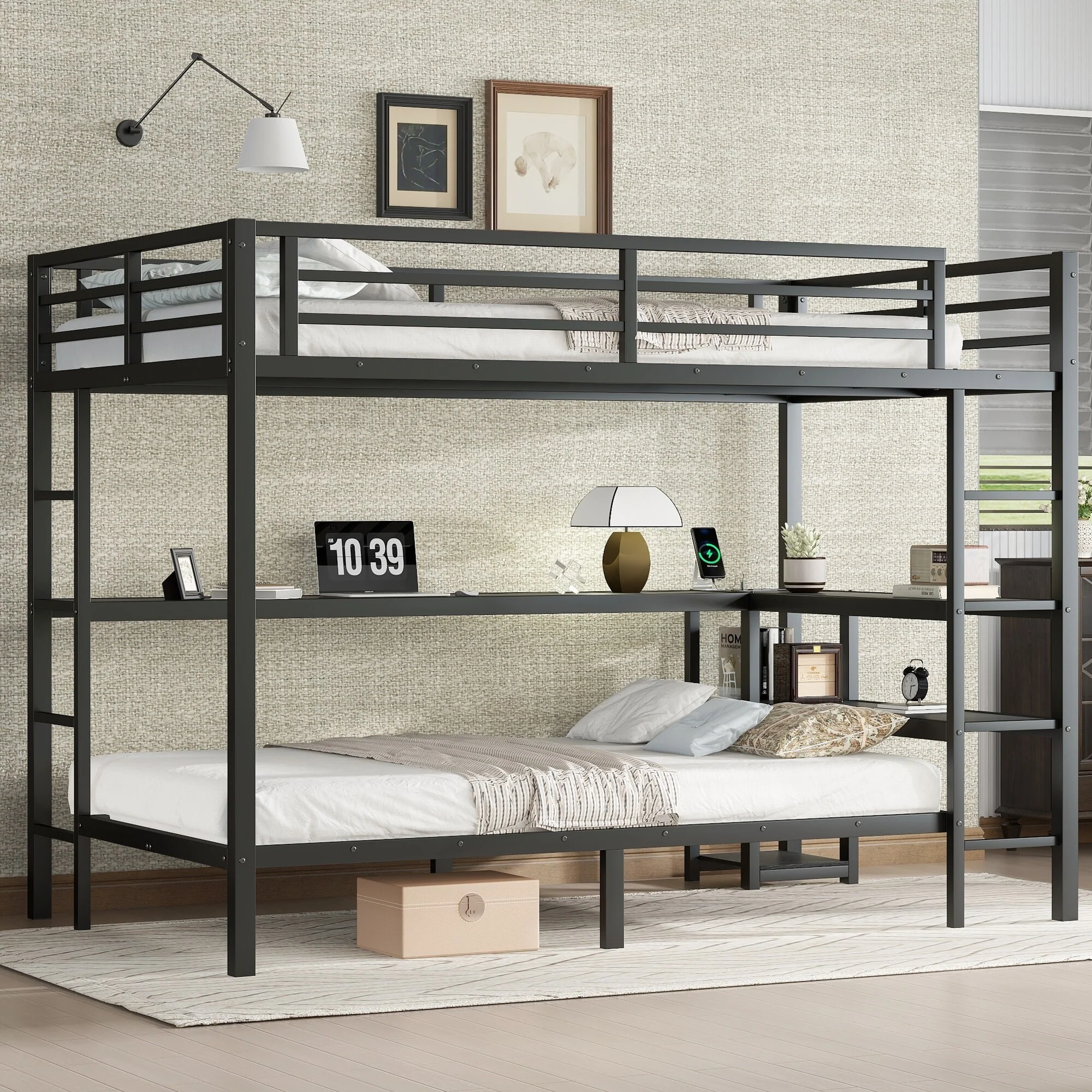FULL Over Twin Bunk Bed with Desk and Shelves, Multiple Placement, with LED and USB