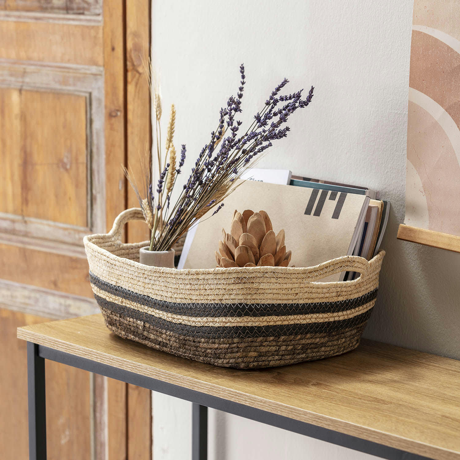 LUAR - Set de 3 paniers fibre naturelle et papier, marron/beige