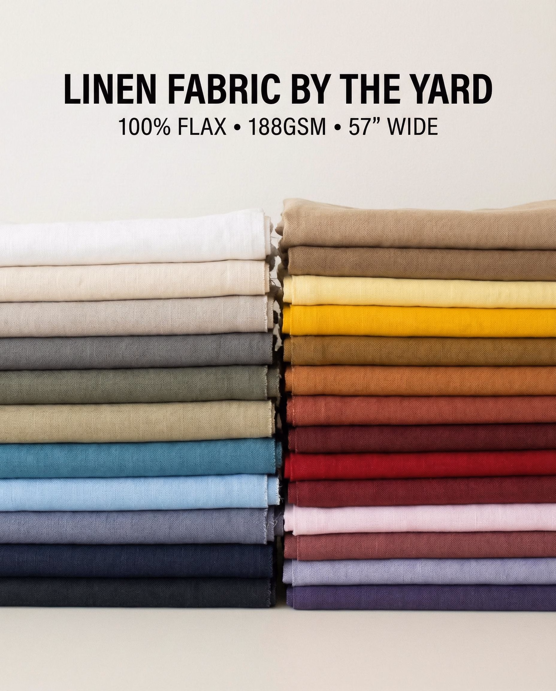 Medium Weight Linen Fabric by the Yard, 100% Flax Linen, 188gsm, 145cm / 57” Wide, Sewing Dressmaking Embroidery Table Linen