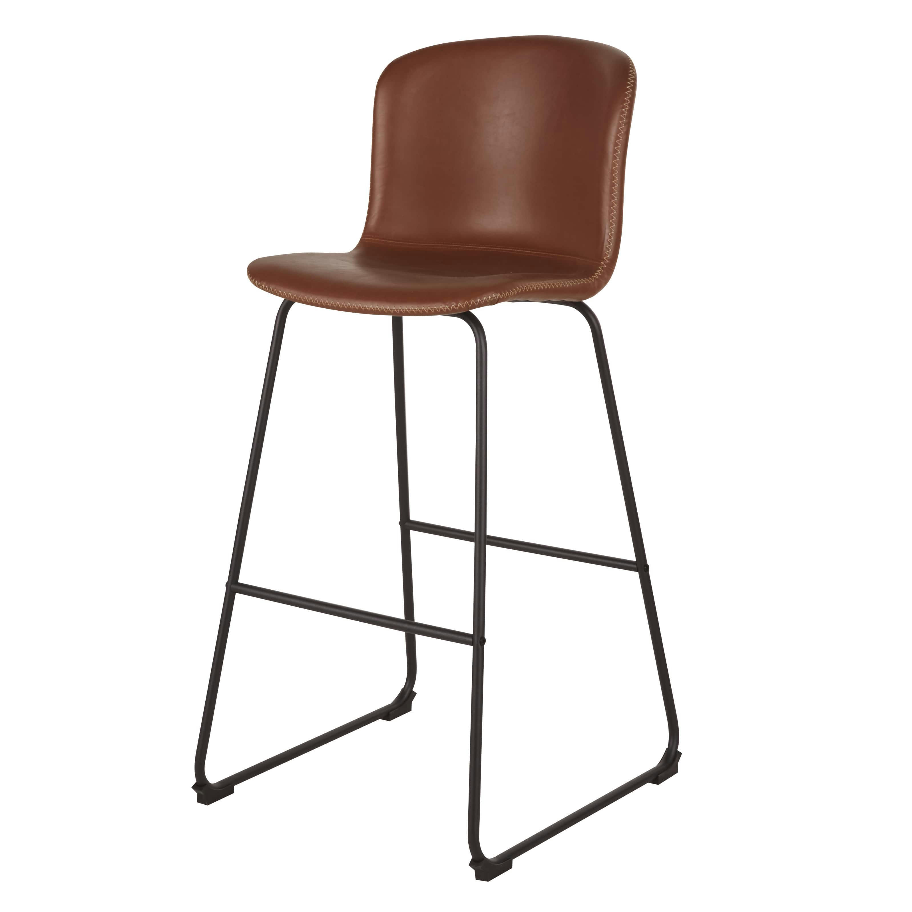 Conny - Chaises de bar en textile enduit marron effet cuir et métal noir (x2) H75