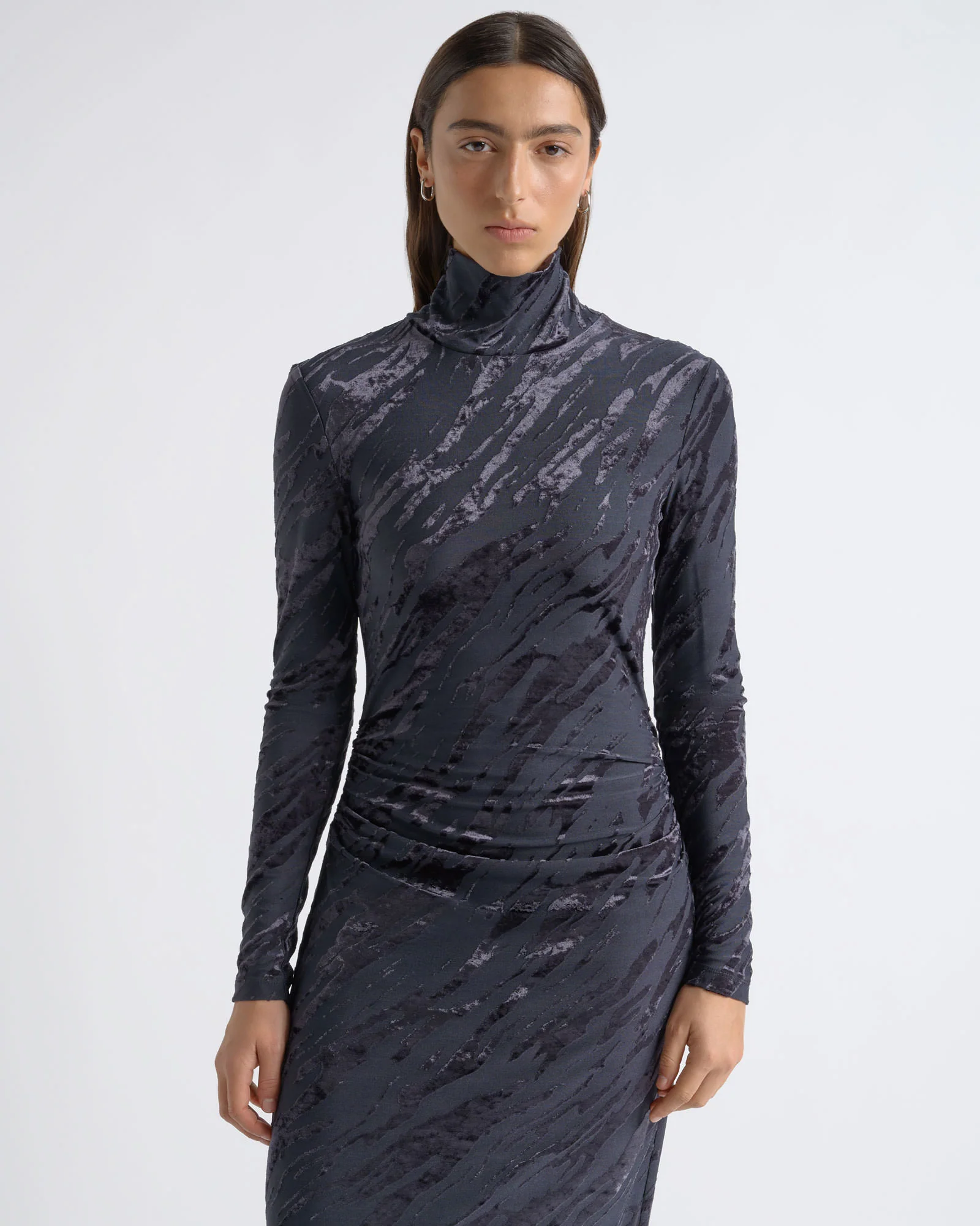 Flocked Long Sleeve Midi Dress