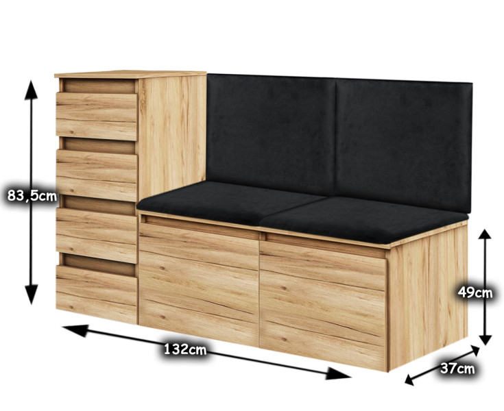 Zestaw Do Przedpokoju 2P2S(4S)Dąb Craft Złoty/Czarny 132X37X83,5 Cm Welur