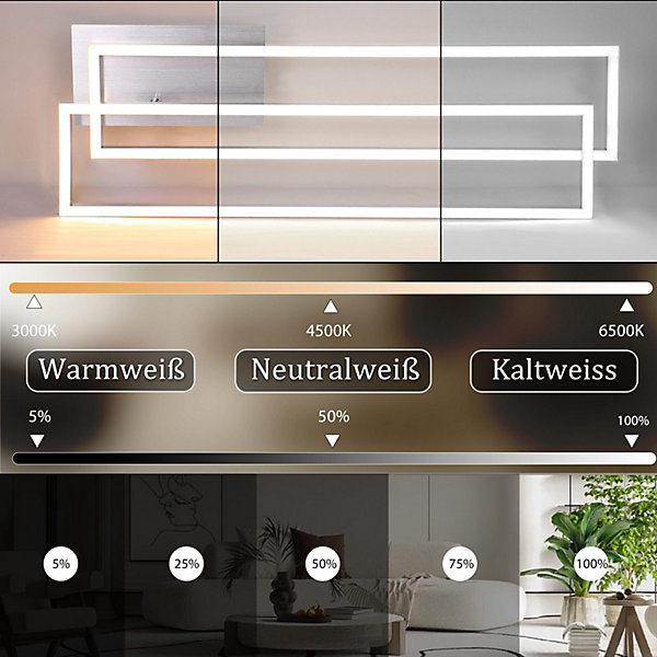 Nettlife Plafonnier LED 102cm, 2 cadres, dimmable, télécommande, argenté 36W, pour chambre