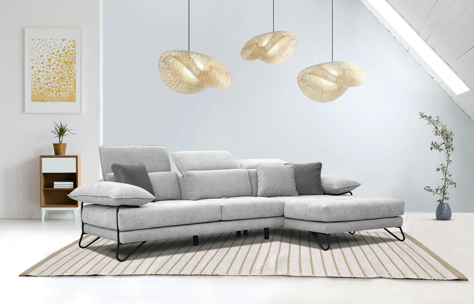 NORDEN - Canapé d'angle droit 4 places en tissu gris clair avec coussins déco