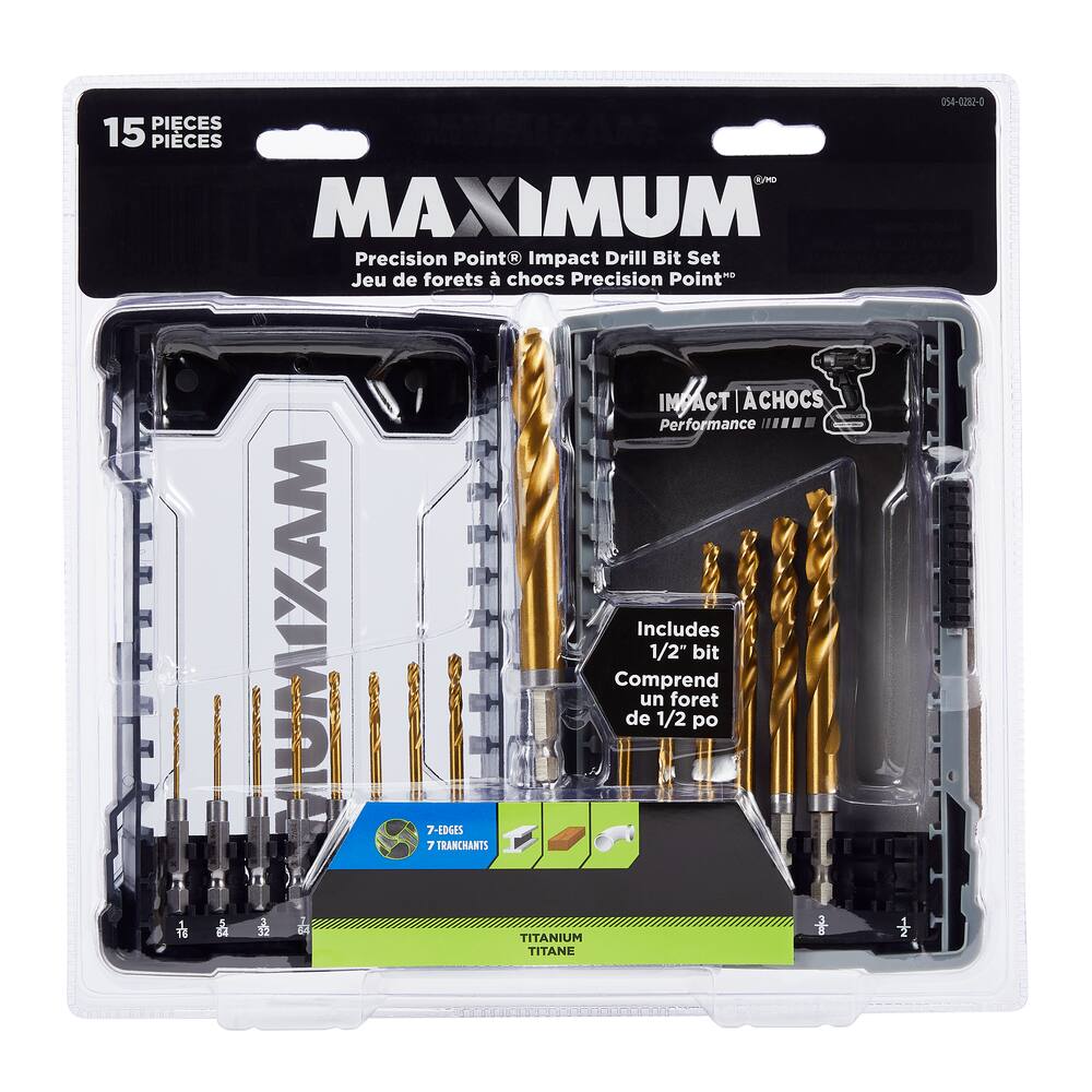 MAXIMUM Precision Point Impact 7-Edge Titanium Drill Bit Set for Wood, Metal, Plastic, 15-pc