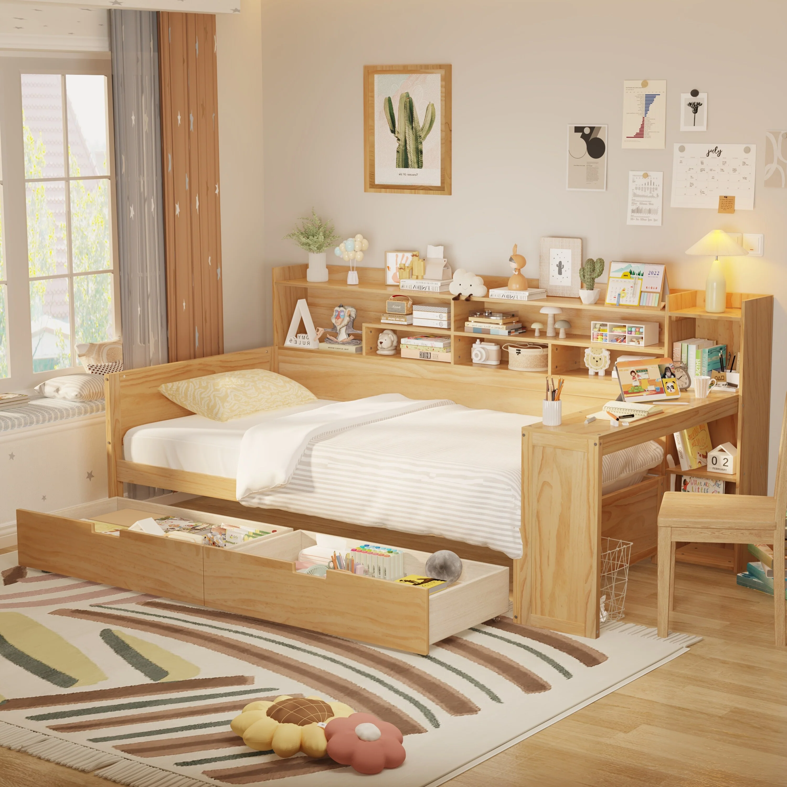 Wooden Twin Size Daybed with Storage Shelves, Multi-functional Bed with Two Storage Drawers and Study Desk