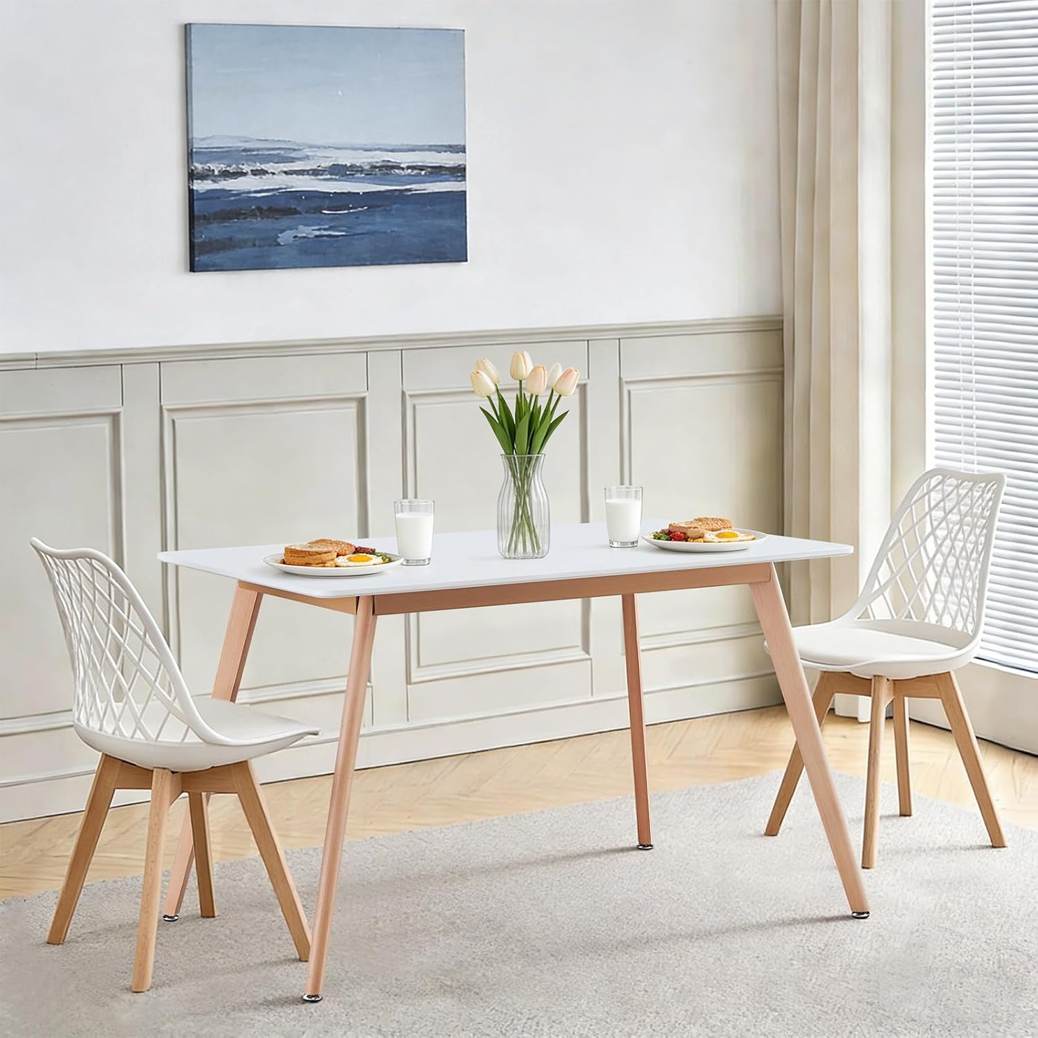 47.2 Rectangular White Dining Table for 4-6 People, Modern Kitchen Table with Wood Legs, Mid Century Design for Dining Room & Living Room