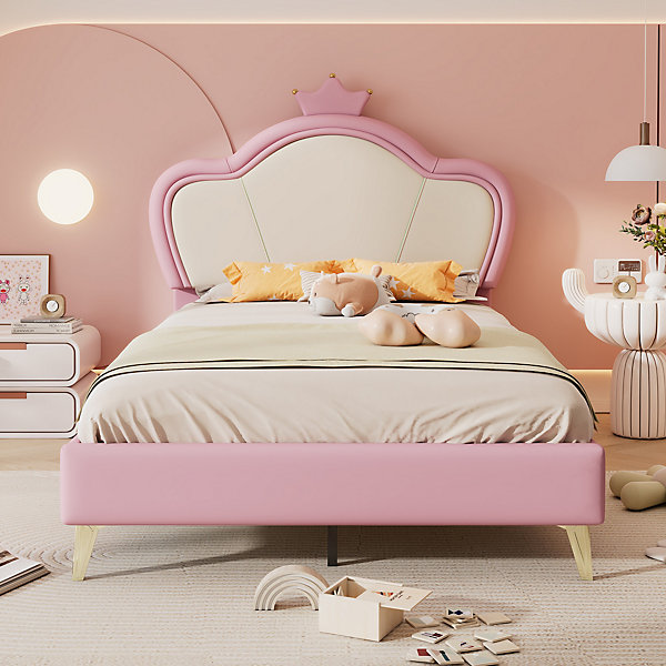 Lit simple 90x200cm capitonné rose et blanc, matériau PU, couronne décorative, bordures amortissantes, lit enfant