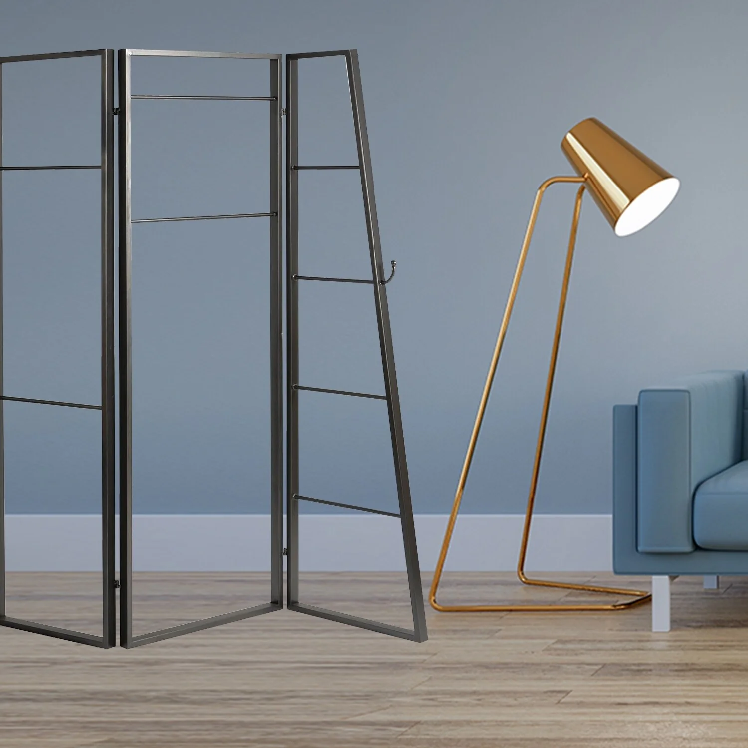 Contemporary Metal Coatrack 3 Panel Room Divider Screen