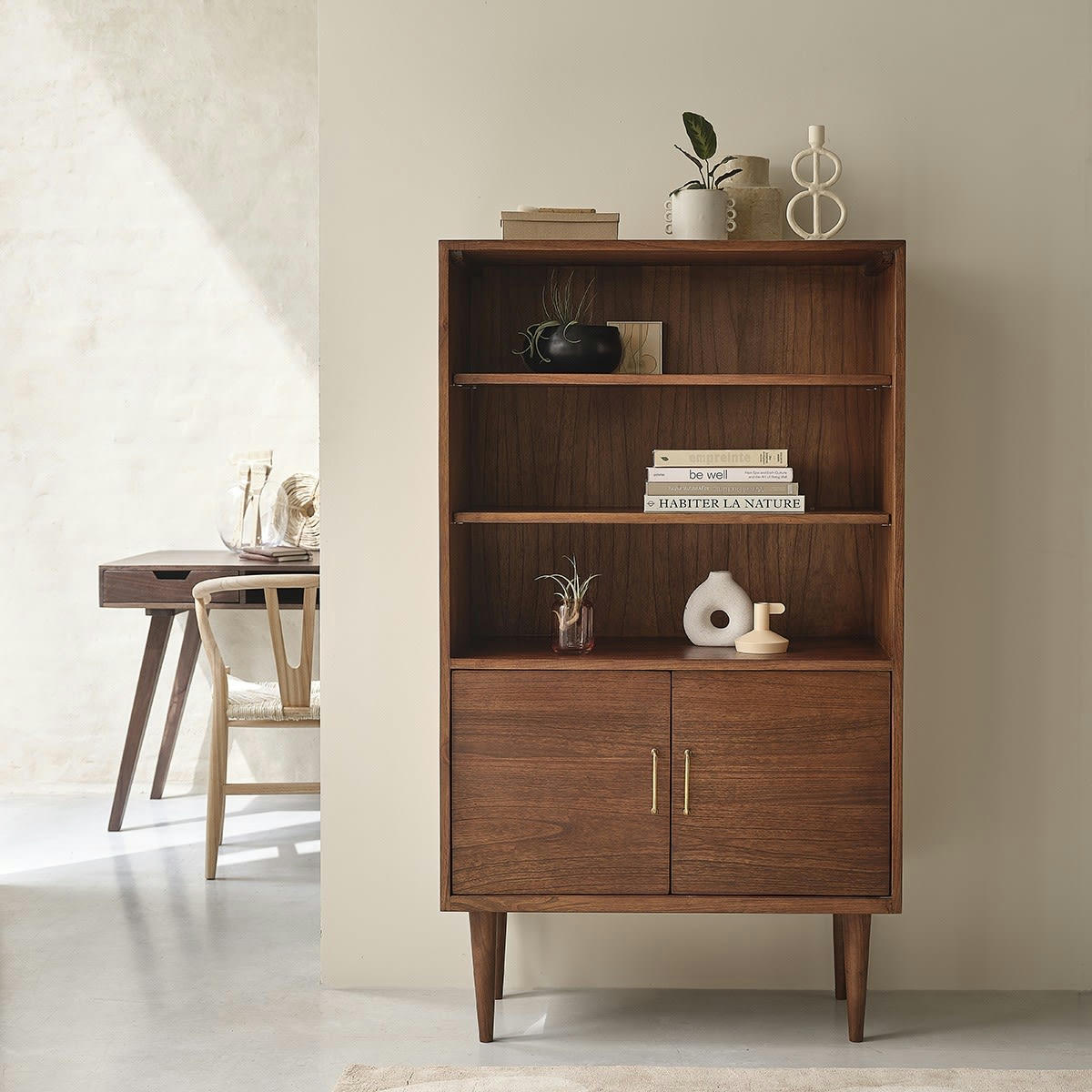 VINTAGE - Bibliothèque en mindi massif finition noyer 84 cm