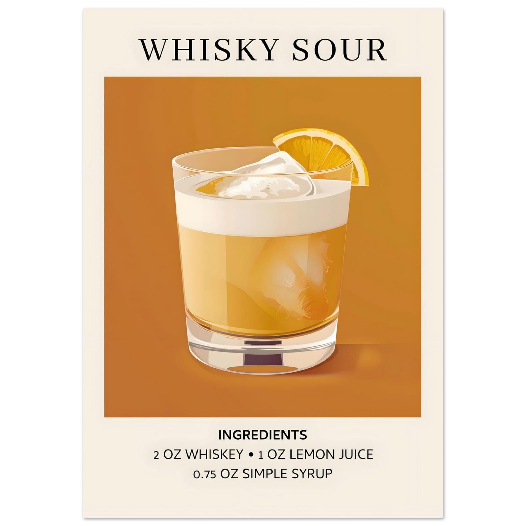 Artfulprints Poster Whisky Sour cocktail - Ingrediënten  - A4 21x29.7 cm - Oranje