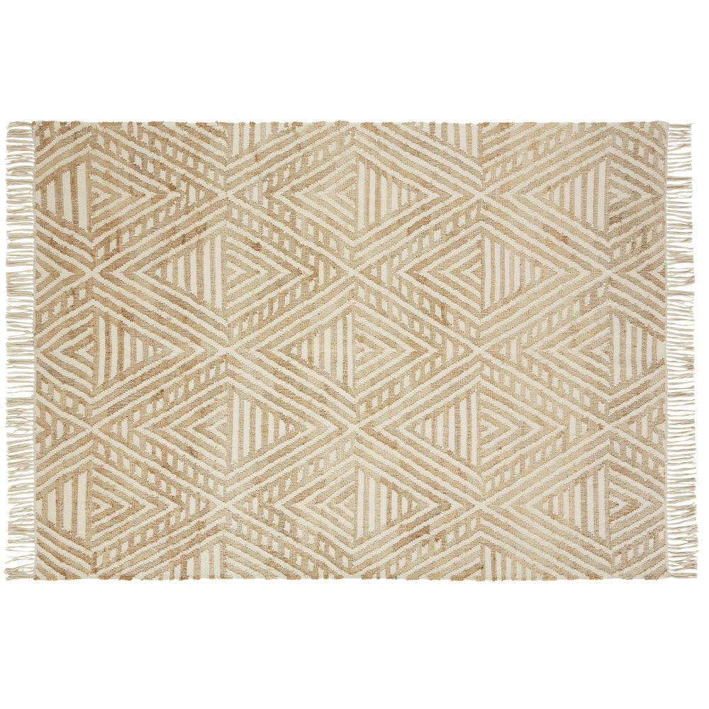 ISAE - Tapis kilim en jute et coton recyclé tissés motifs géométriques blancs et beiges à franges 160x230
