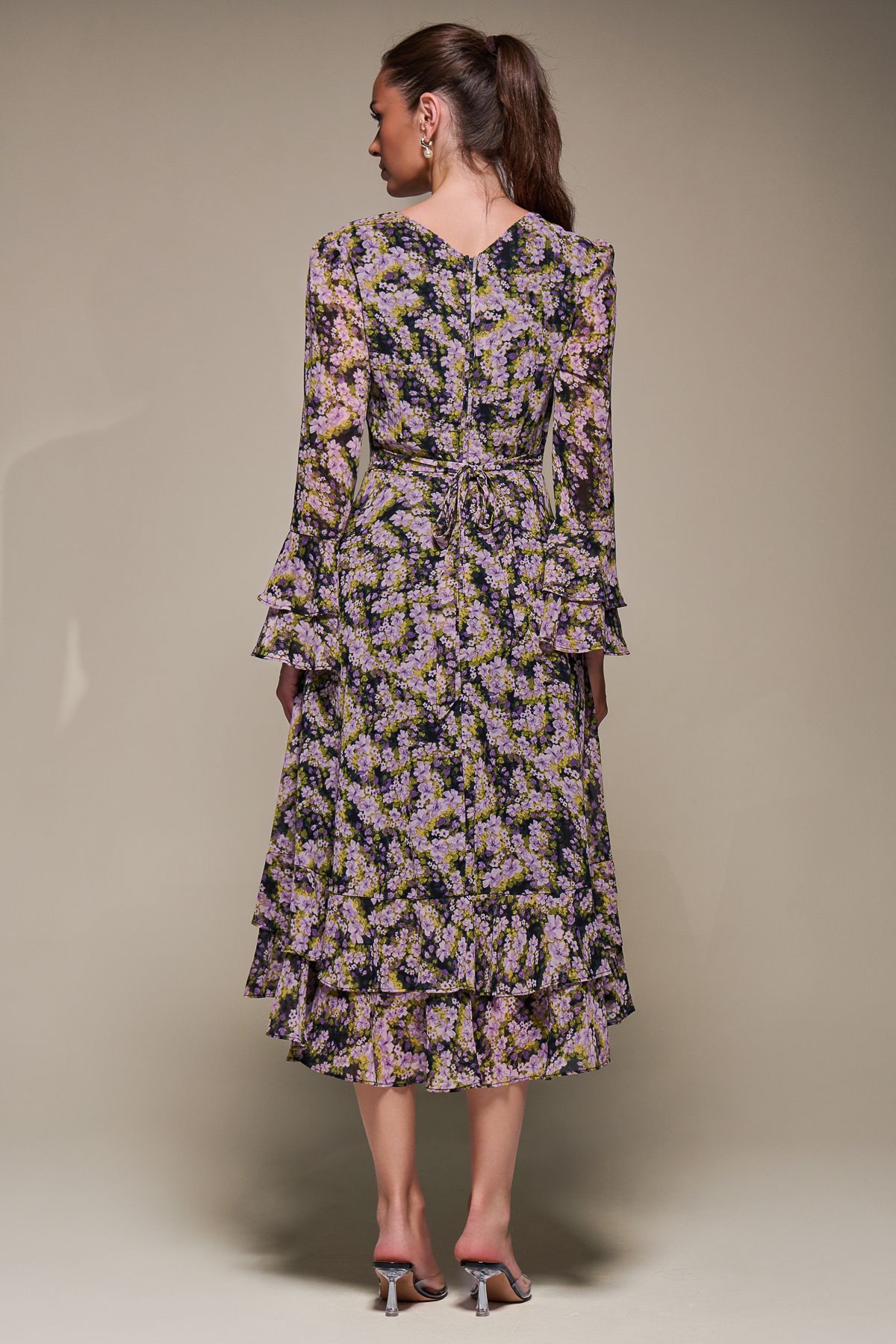 Jolie Moi Long Sleeve Chiffon Frill Midaxi Dress