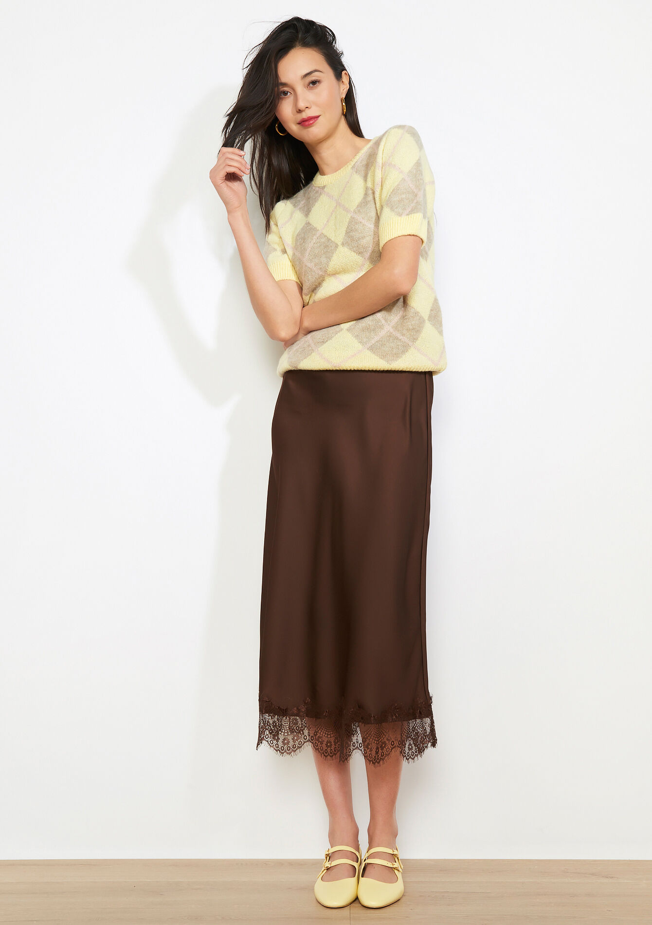 Satijnen midi-rok met kant