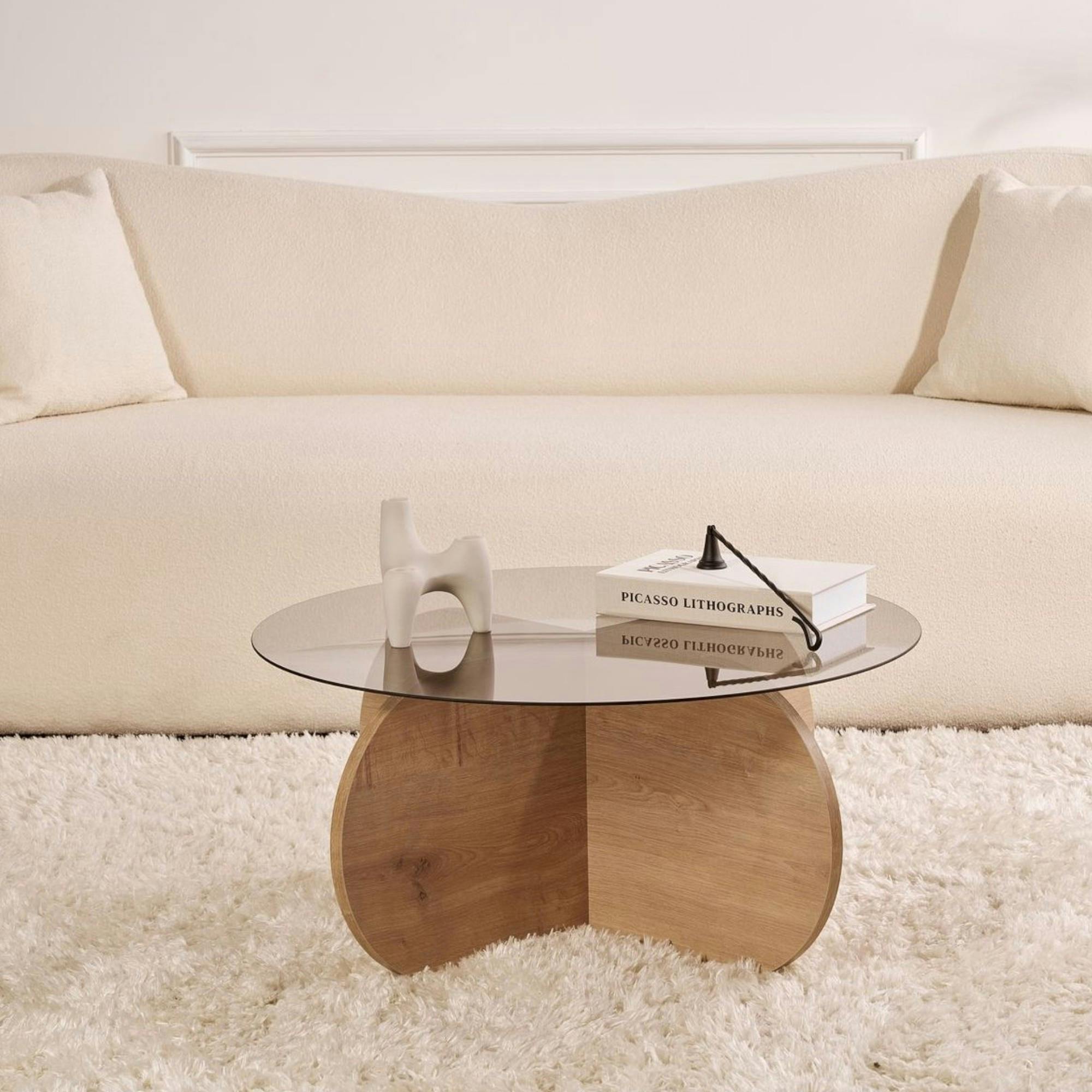 Table basse verre fumé - pied en croix effet chêne clair SALTA