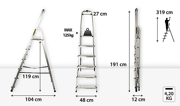 échelle de ménage en aluminium DRABEST 6 marches avec crochet, plateforme antidérapante 1 pièce.