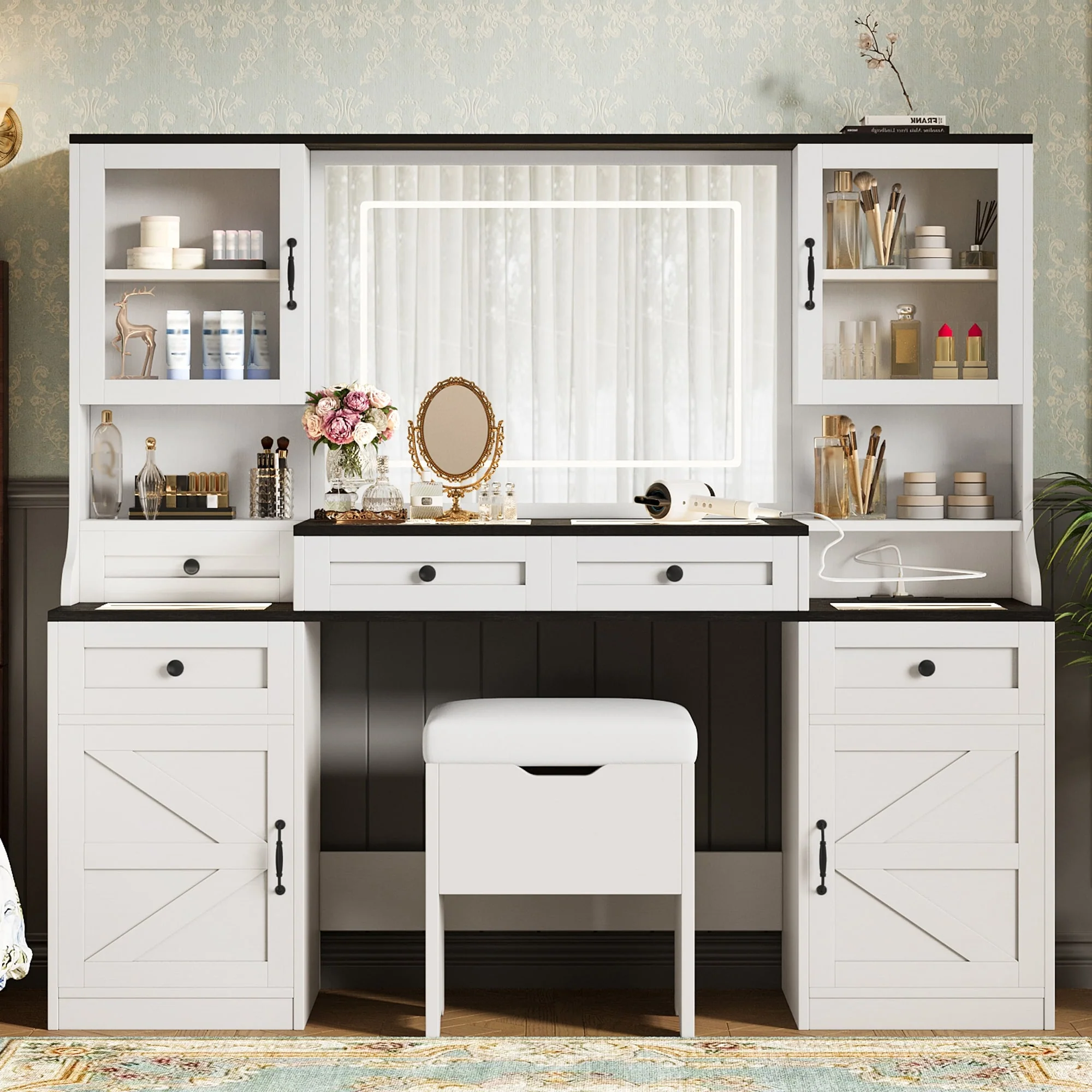 Large Makeup Vanity Desk with Mirror & Lights, Glass Top Vanity Set with Charging Station & Cabinets, Dressing Table with Stool