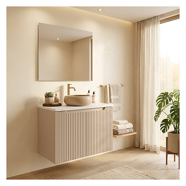 Ensemble VANO cachemire et blanc 80cm : meuble sous vasque à placards et plan pour vasque et vasque à poser ronde cappuccino