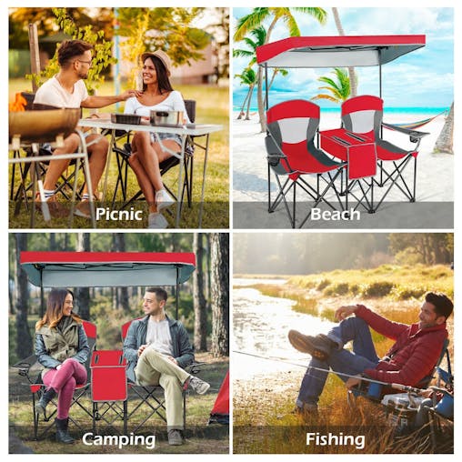 NNECW Double Folding Camping Chair with Canopy and Armrests-Red