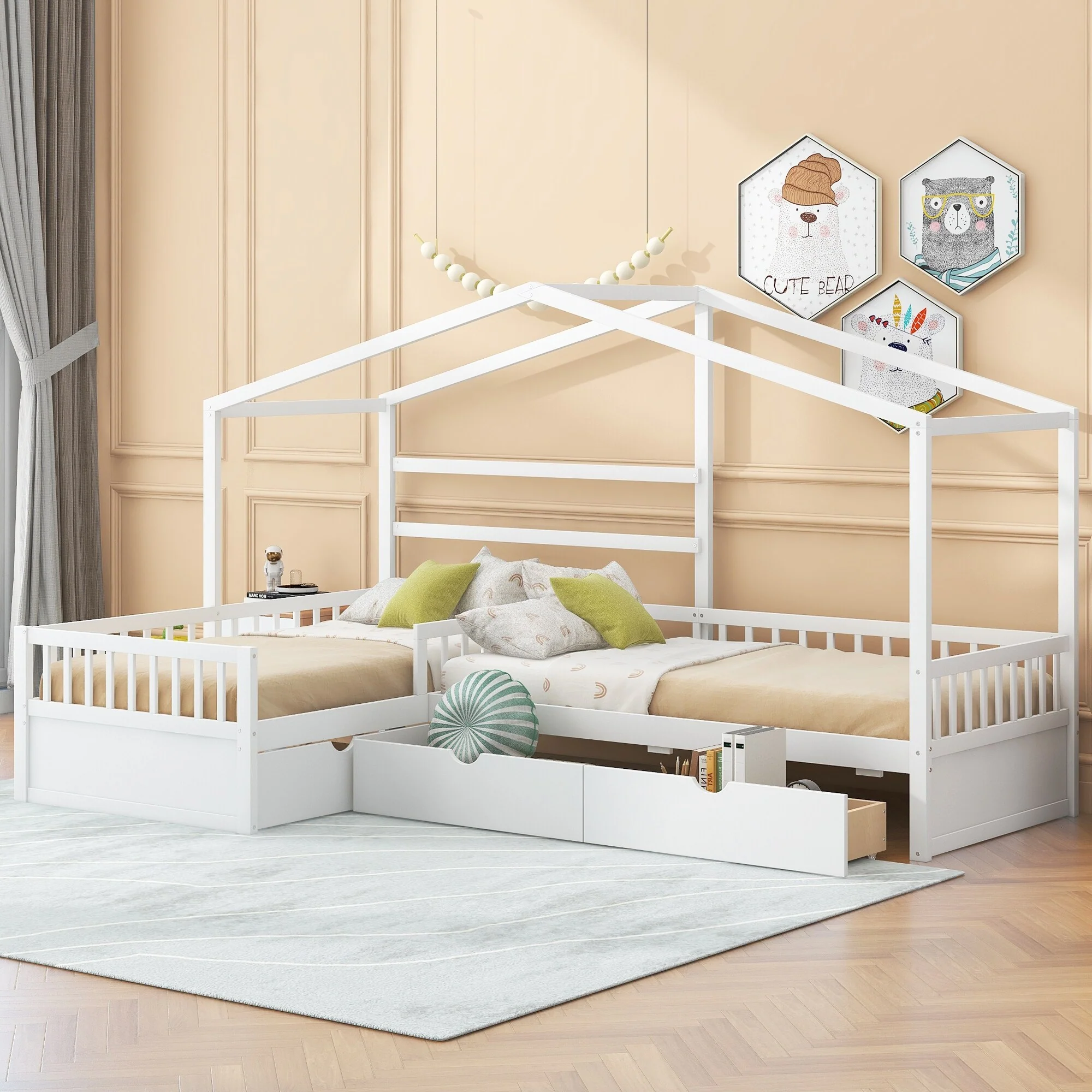 White Double Twin L-Shaped House Platform Bed with Drawers and Guardrail