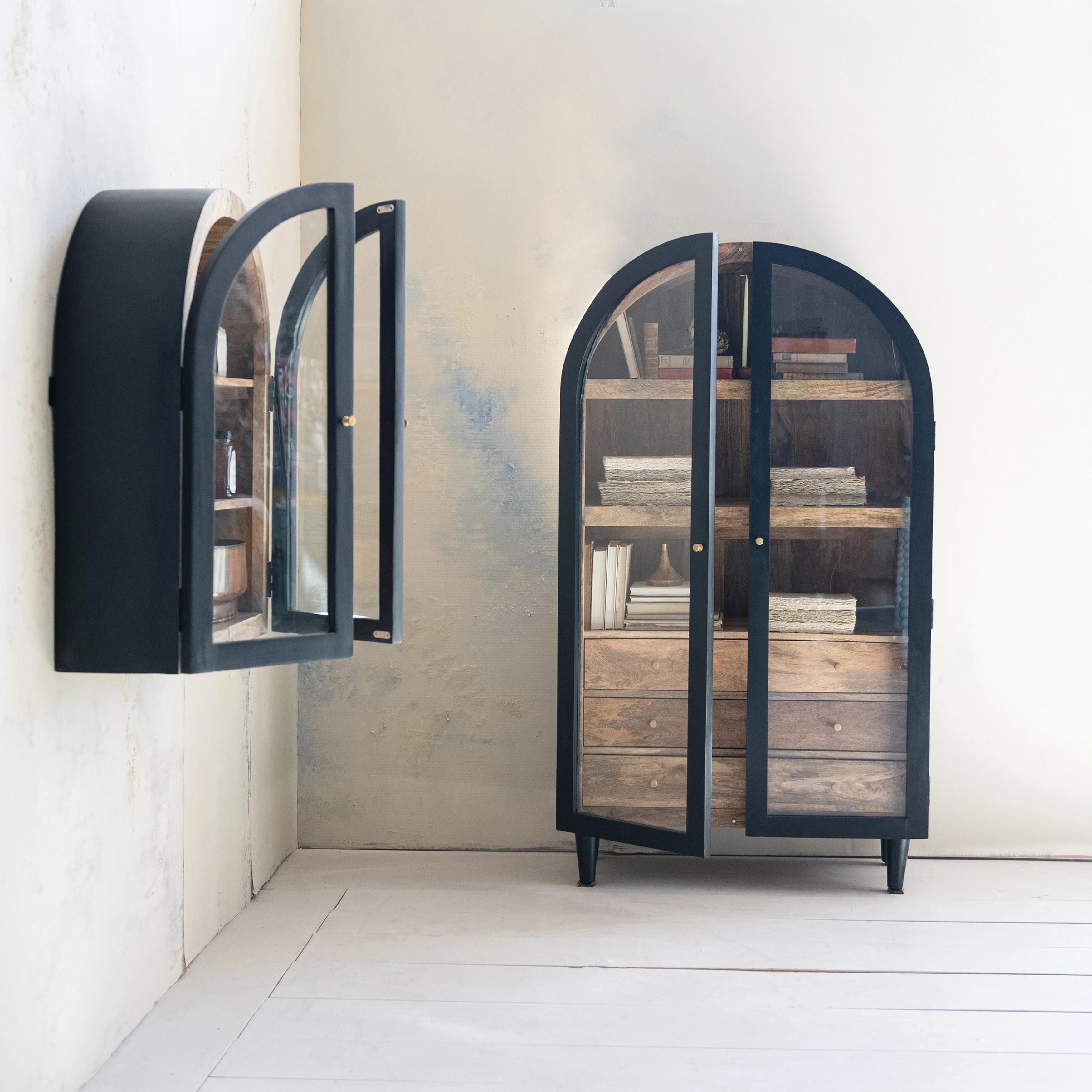 Arched Mango Wood Cabinet with 3 Shelves and 6 Drawers, Black and Natural - 38.0L x 16.0W x 68.0H