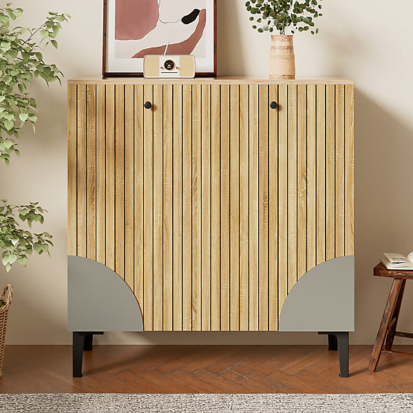 Meuble à Chaussures Moderne avec 3 Portes et étagères - PB, Rangement pour entrée, 90x32x94 cm - Naturel
