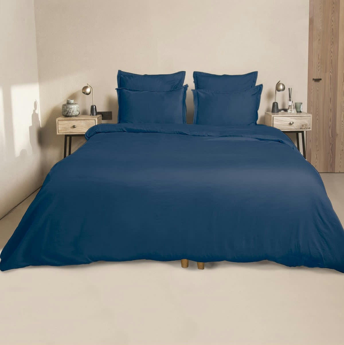 JULIA - Drap housse satin de coton  180x200x40 bleu indigo