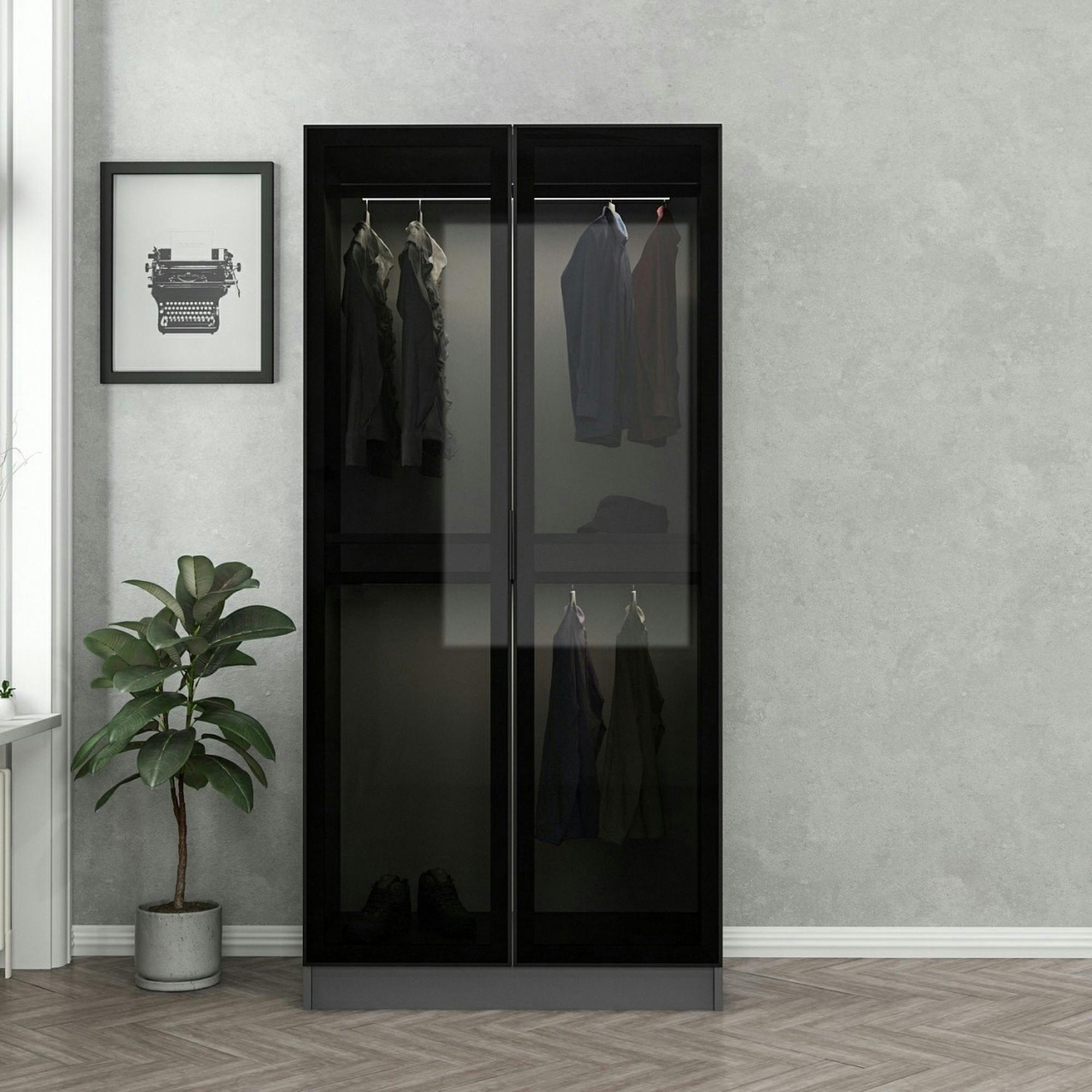 Armoire penderie grise vitrée - 2 portes H.210 cm BYRON