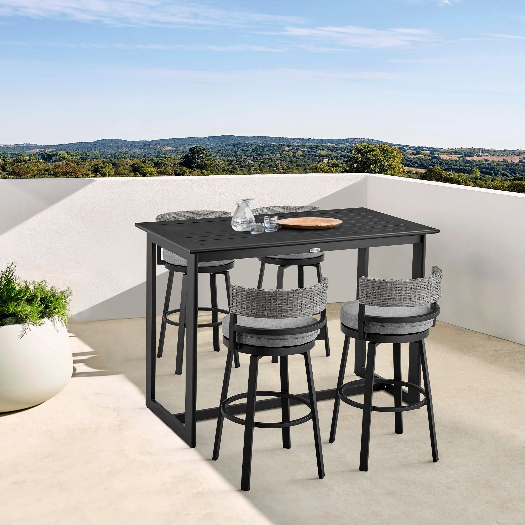 Encinitas Black Aluminum and Gray Wicker Outdoor Patio Bar or Counter Height Swivel Stool