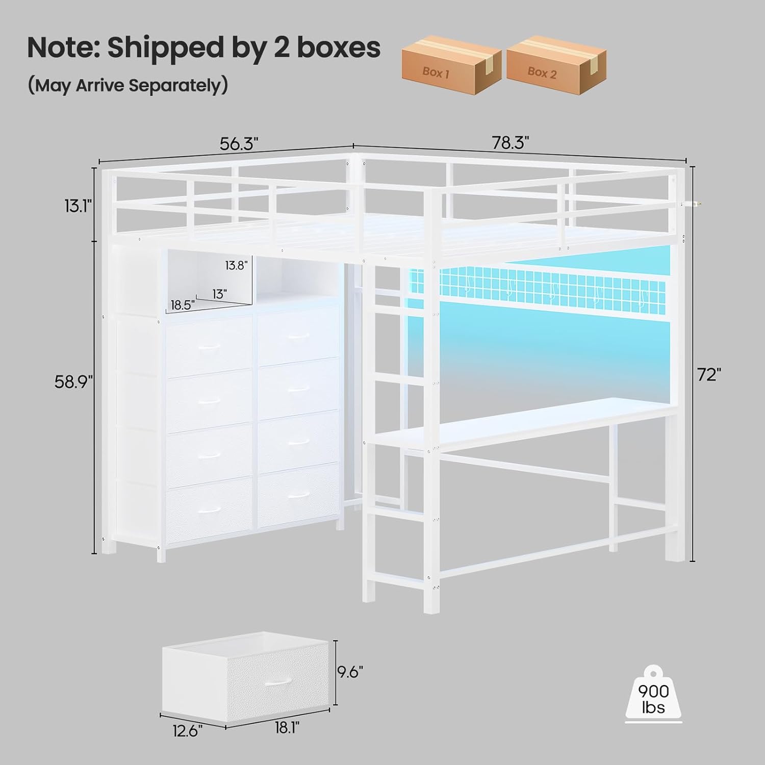 ADORNEVE Loft Bed Full Size with Desk and 8 Storage Drawers, LED Metal Loft Bed with Power Outlet, 2 Shelves & Clothing Rack, Bed with Safety Guardrail & Ladder,Space-Saving, White