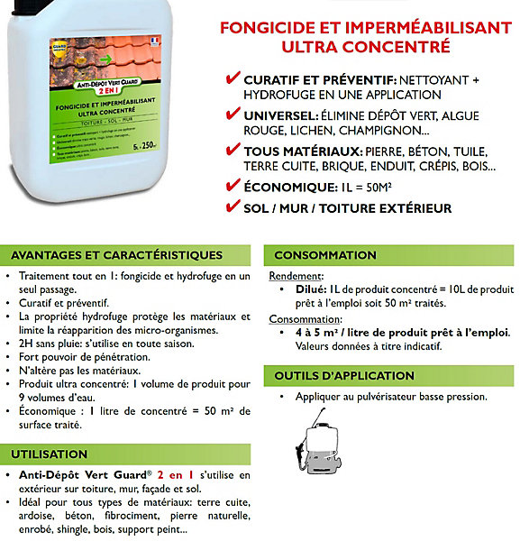 Anti Dépôt Vert Guard 2en1 20L traite 1000 m² Nettoyant Imperméabilisant Invisible Anti Verdissure 4x5L