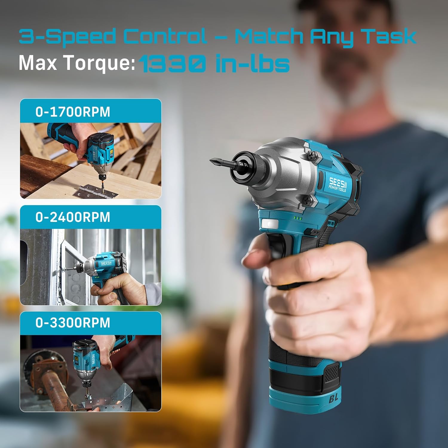 SEESII Cordless Drill Impact Driver 16.8V Brushless Power Tool Combo Kits 2x 2.0Ah Batteries w/Charger, 16-Pc Bits, Tool Bag, 3/8'' Drill & 1/4'' Impact Driver for Home DIY, Woodworking (Blue)