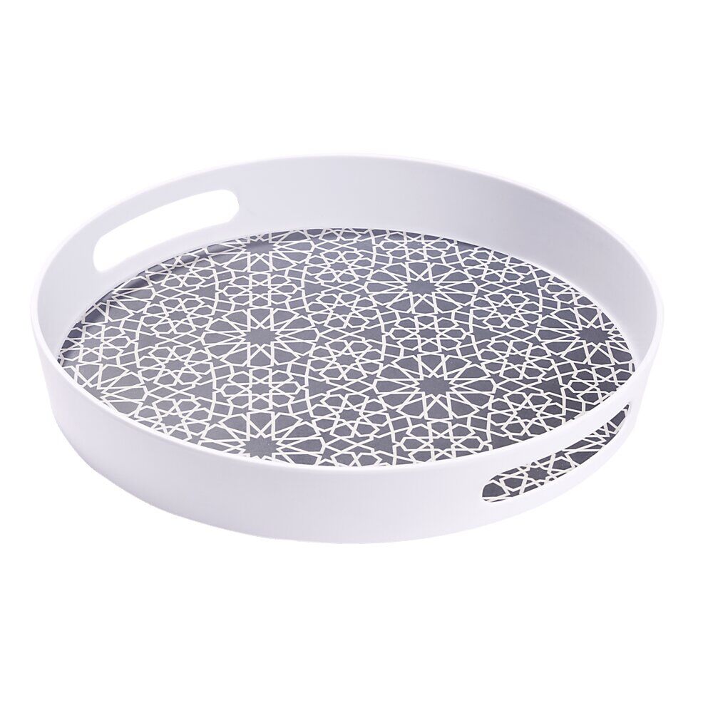 Plateau rond mélaminé motif géométrique blanc et bleu Ø34,5xH5cm