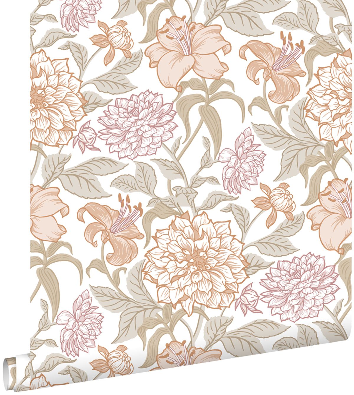 ESTAhome behang vintage bloemen terracotta en vergrijsd groen - 53 cm x 10.05 m - 139612