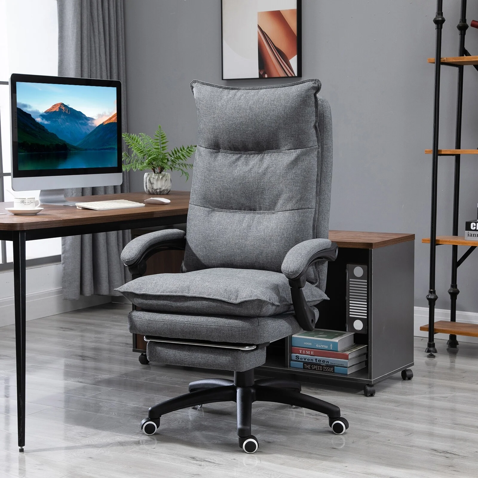 Home Office Chair with Foot Rest, Fabric Upholstered Recliner with Armrests, Work Chair with Double Thick Cushion and Wheels
