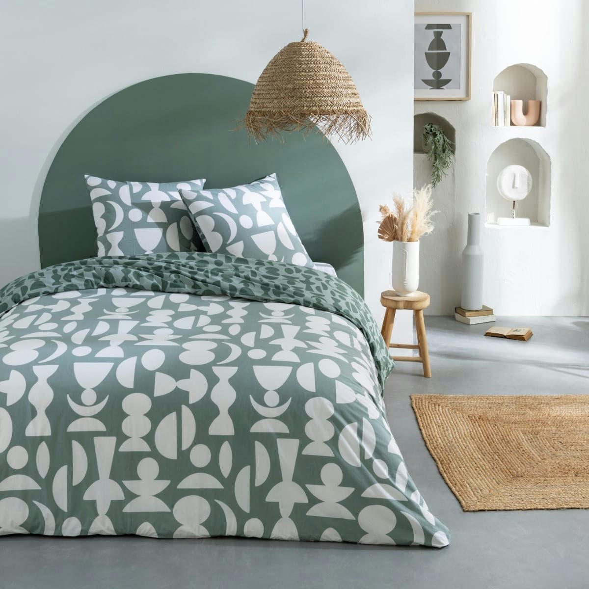 LUNE - Parure de lit 2 personnes coton  imprimé vert 240x220cm