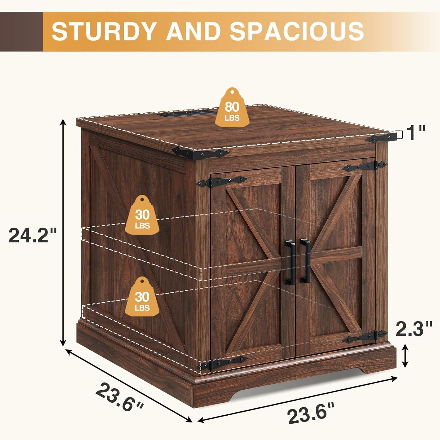 Barnyatoh Farmhouse End Table with Charging Station,24 Large Sofa Side Table with Barn Door, Rustic Wood Square Nightstand Bedside Table with Adjustable Storage Shelf for Living Room, Bedroom,Walnut