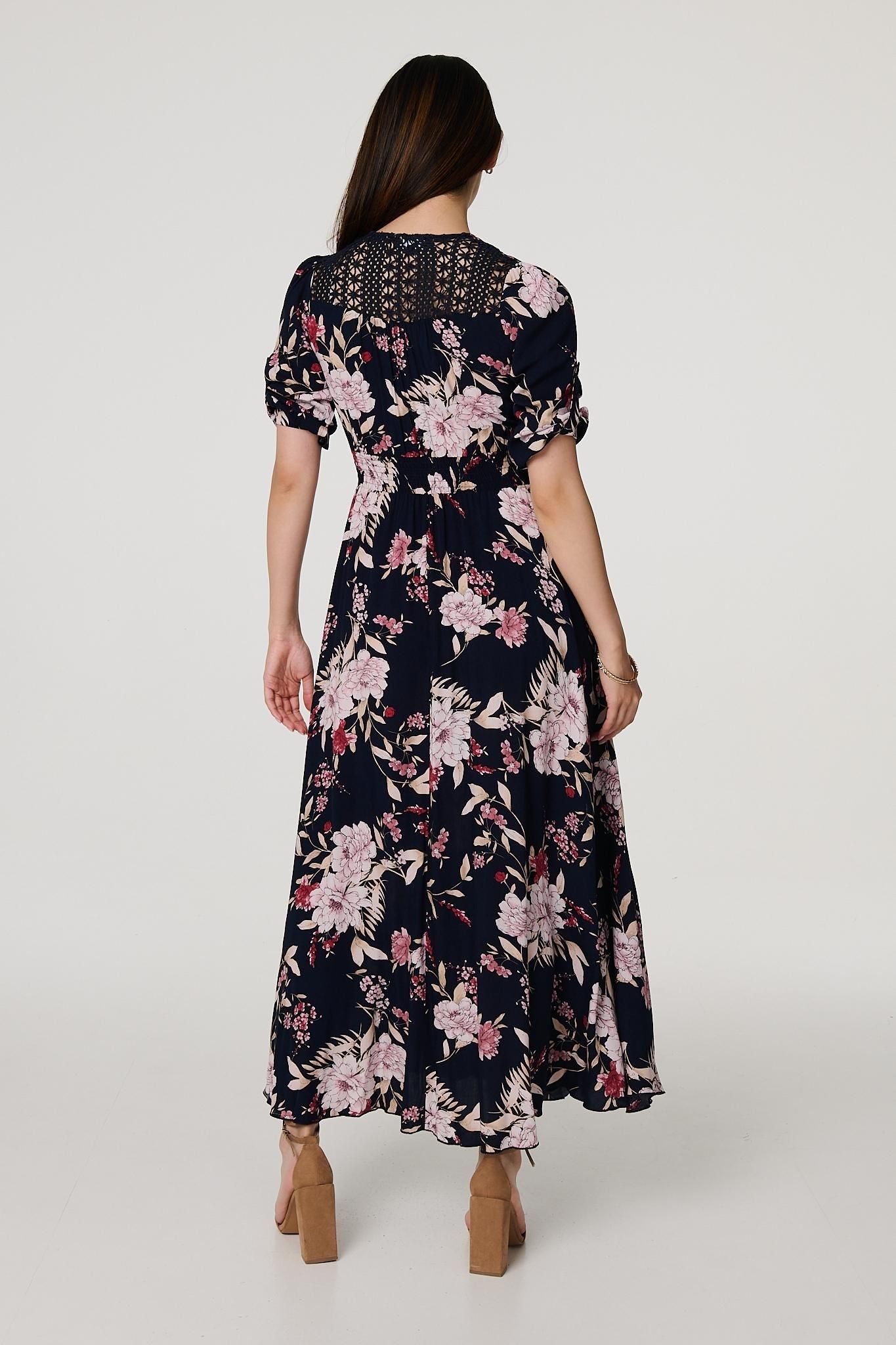 Izabel London Floral 3/4 Sleeve A-Line Maxi Dress