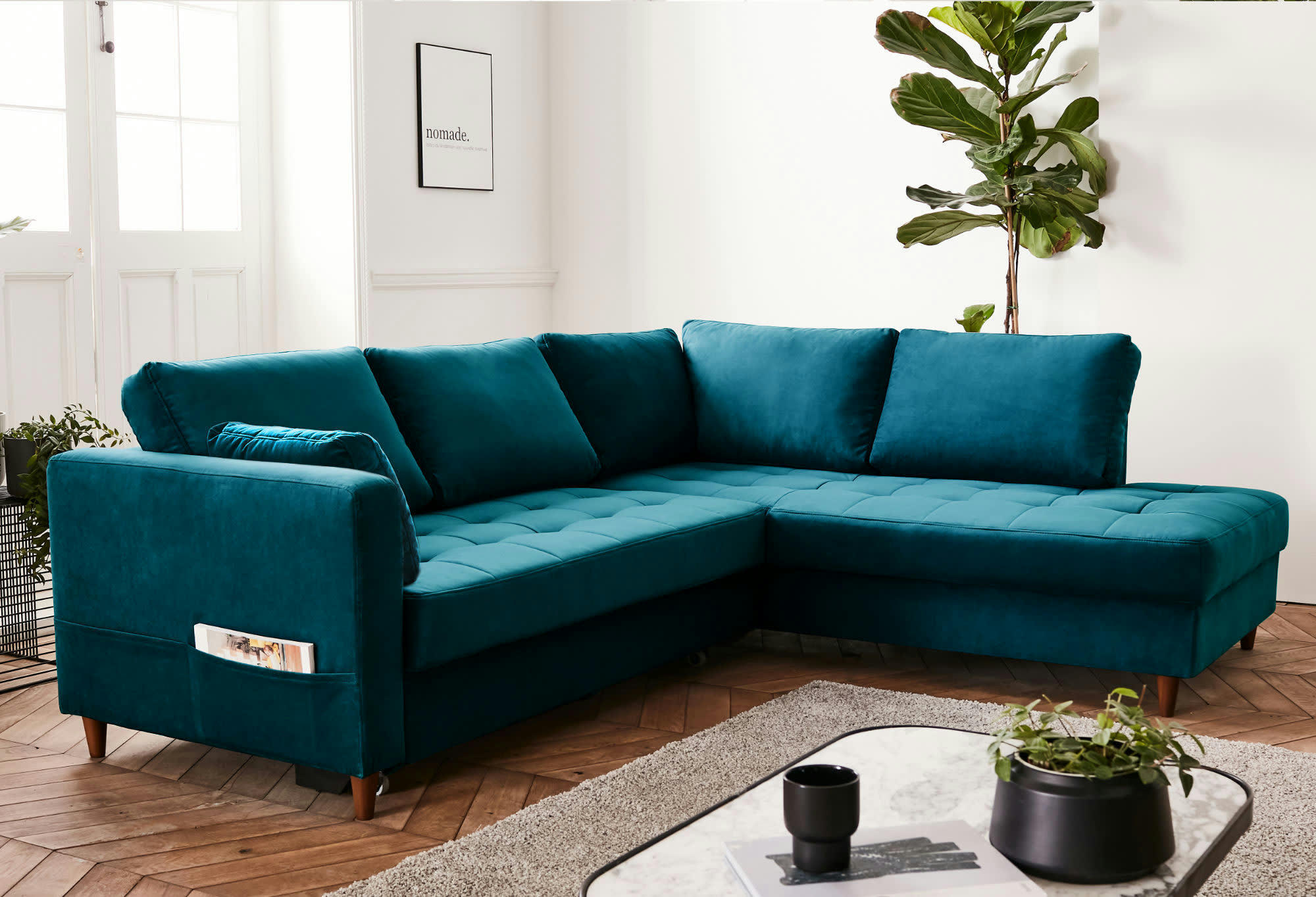 ANNA - Canapé d'angle droit convertible 5 places en velours bleu canard